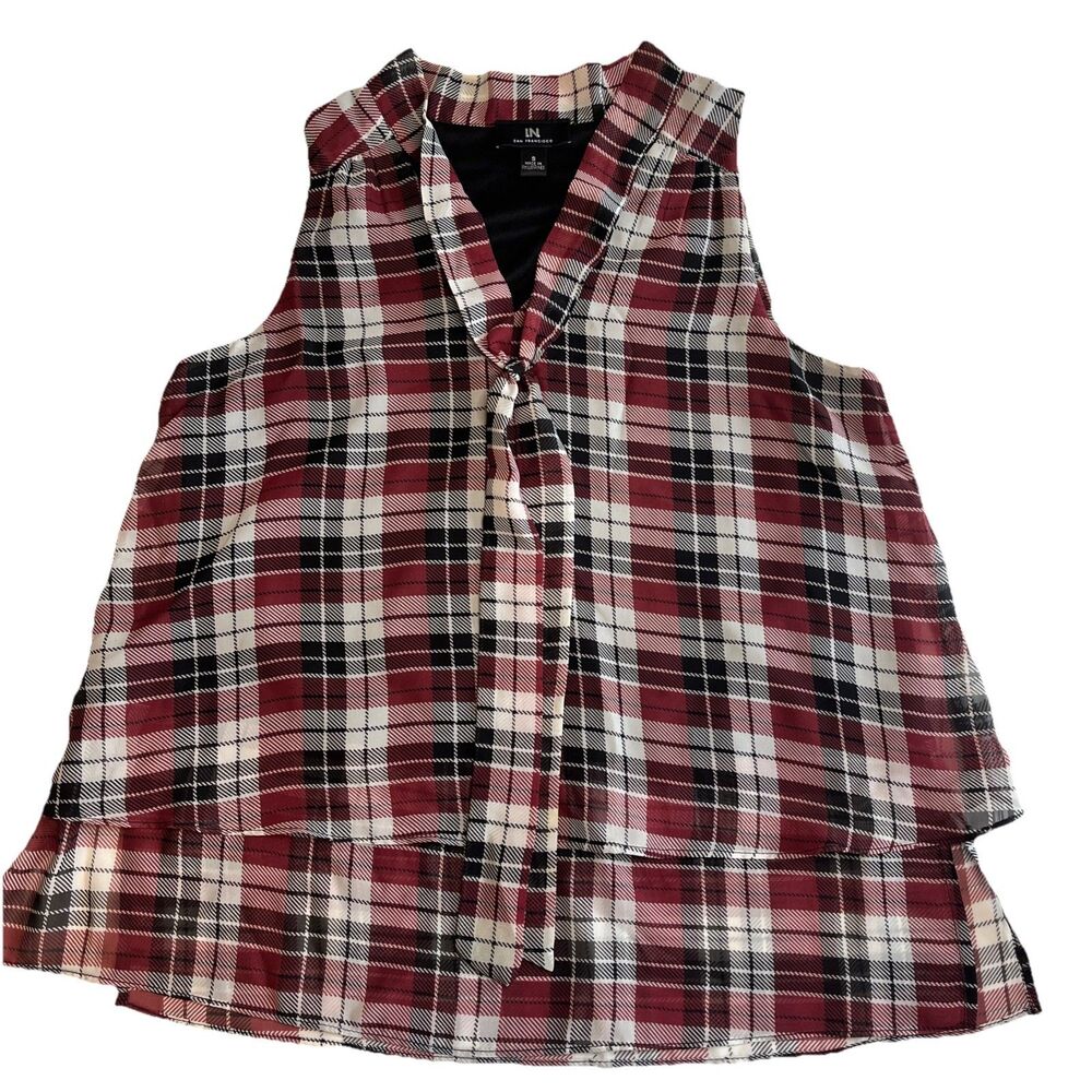 I.N. San Francisco Top Women’s S Red Black Plaid Sleeveless Layered Front Tie